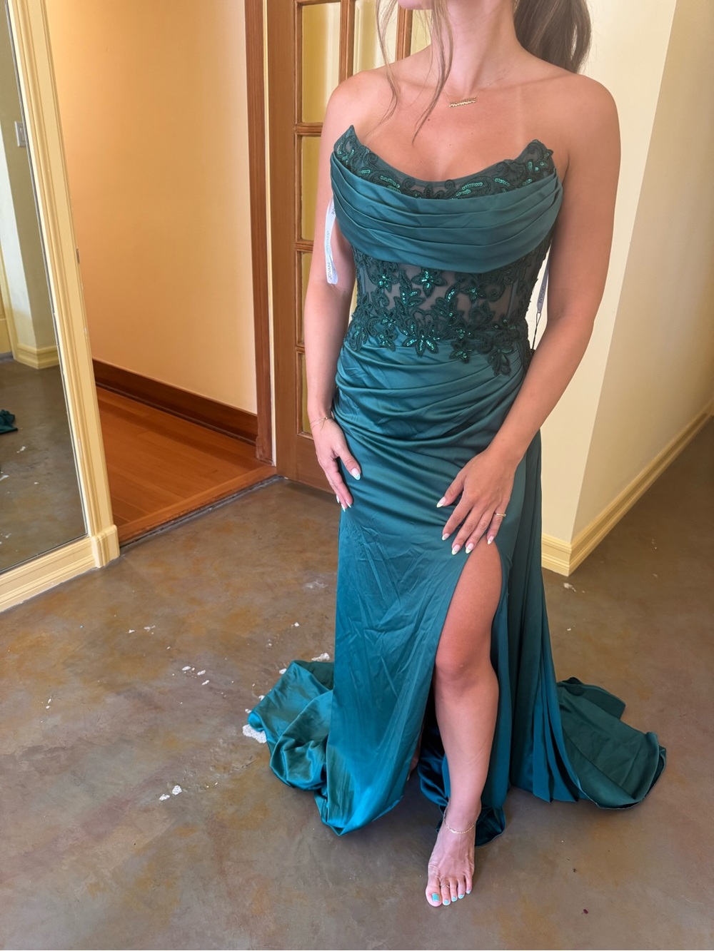 Jovani Strapless Teal Evening Gown with Beaded Lace Bodice